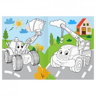 Раскраска с цв. фоном А4, 16 стр., ТРИ СОВЫ "Веселые машинки" фото книги 6