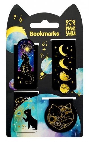 Закладки магнитные для книг, 4шт., MESHU "Moon cat", софт-тач, фольга фото книги