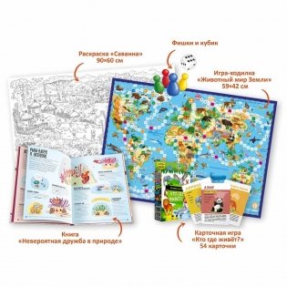 Подарок для самых умных "Животные мира" (книга + большая раскраска + игра-ходилка + карточная игра) фото книги 2