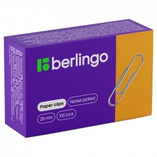 Скрепки, 28 мм, Berlingo, 100 штук, никелированные, карт. упаковка. Арт. BK2511 фото книги